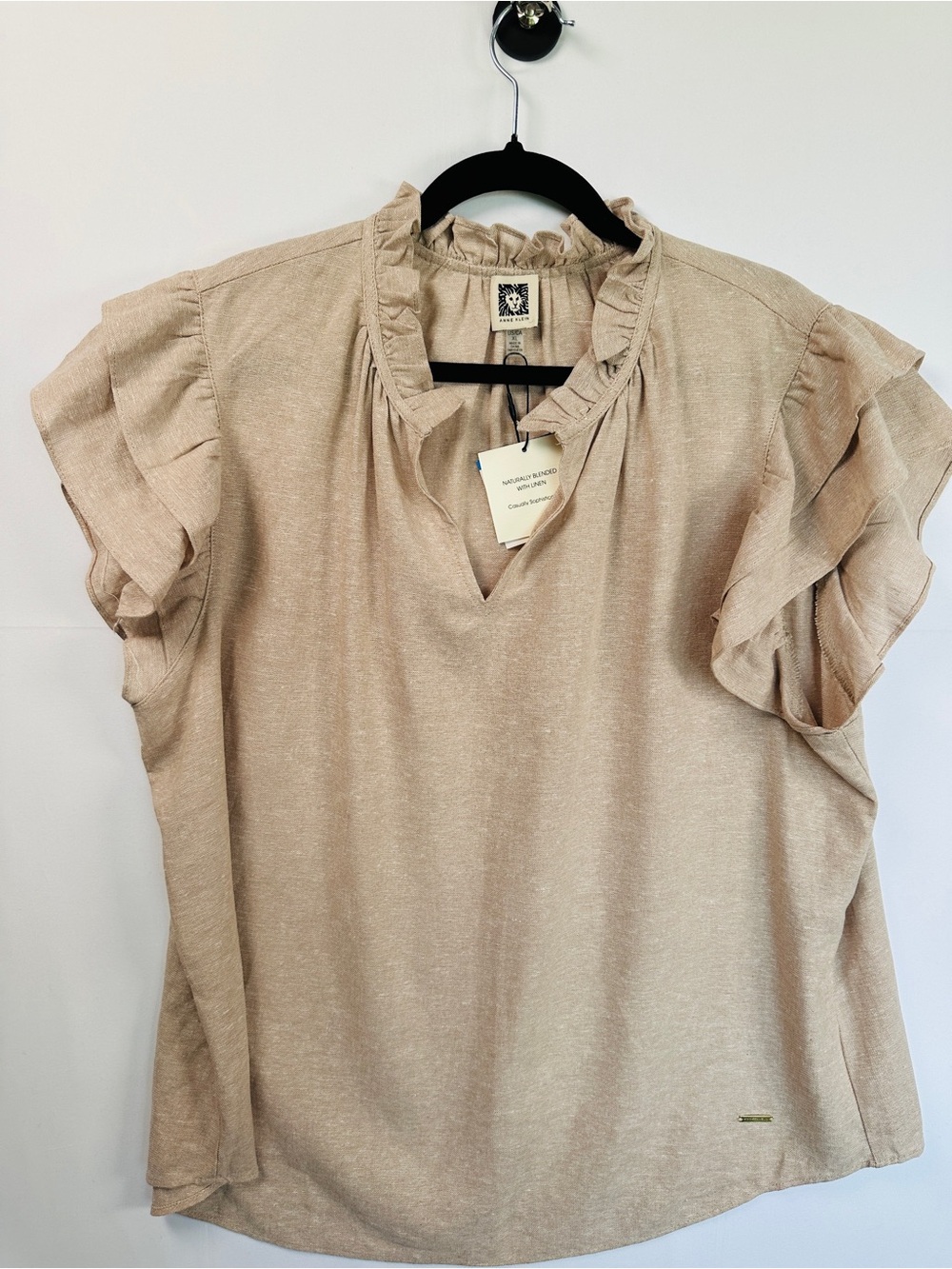 Anne Klein Linen Blend Ruffle Flutter Sleeve V-Neck Blouse Beige Size XL Coastal